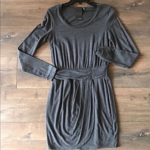 Heather Dress. gray. long sleeve. Draped. Stretch.